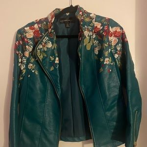 Teal leather jacket with floral embroidery